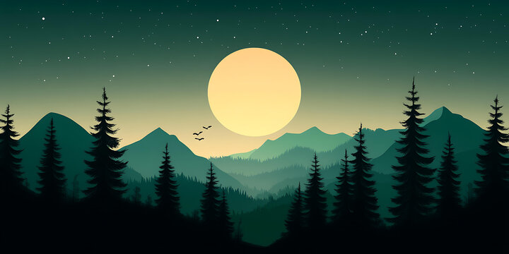 夜晚星空下的山脈與森林
