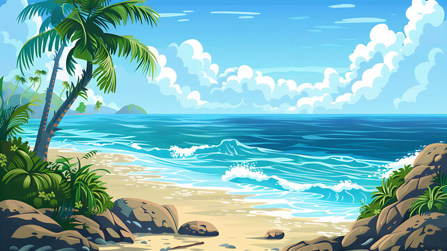 熱帶海灘風景畫, 棕櫚樹和海浪