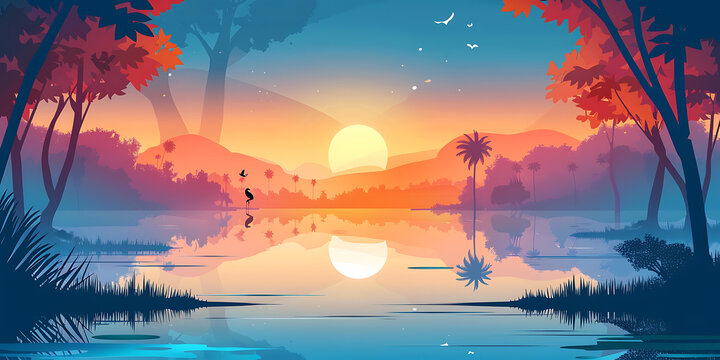 夕陽西下，棕櫚樹與鳥兒
