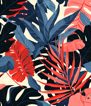 藍(lán)色和紅色熱帶植物圖案