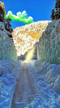 雪山冰瀑間的雪道