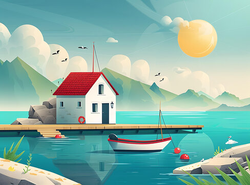 海邊小屋的夏日風(fēng)景