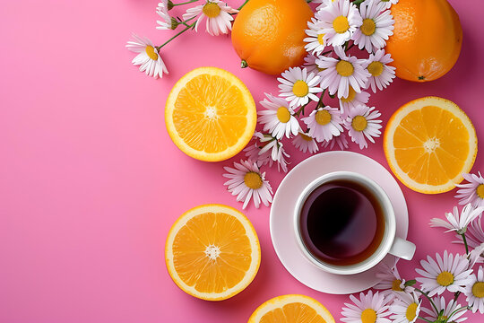 粉紅背景上的橙子片、茶杯和雛菊