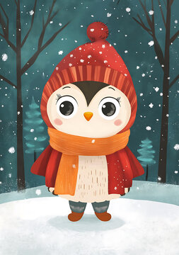 穿著冬帽和圍巾的可愛企鵝在雪地森林里
