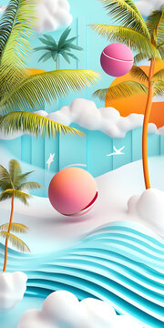夏季簡約3D，棕櫚樹與漂浮球體
