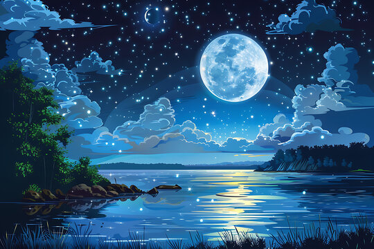 寧靜的夜空，滿月和繁星倒映在平靜的水面