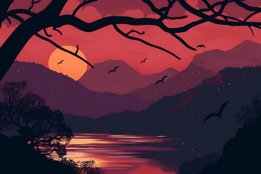 山脈湖泊上的夕陽，飛翔的鳥兒