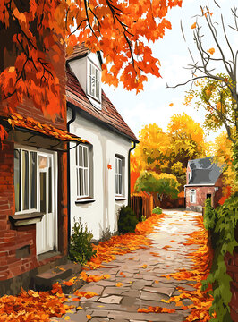 秋天街道場景，紅黃樹葉