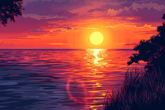夕陽西下，海邊樹木剪影