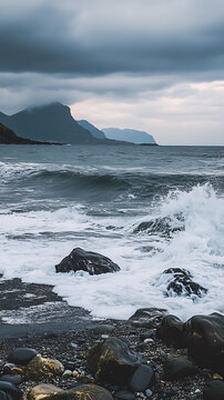 暴風(fēng)雨的海灘與山脈背景