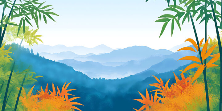 竹林與橙色植物的藍(lán)色山脈景觀