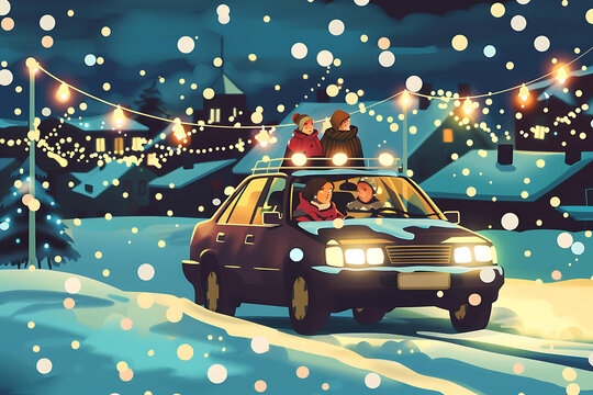 雪夜圣誕燈飾下的家庭駕車