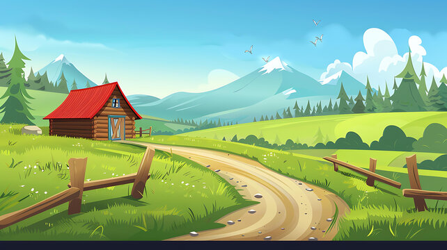山間木屋與蜿蜒小路風(fēng)景畫