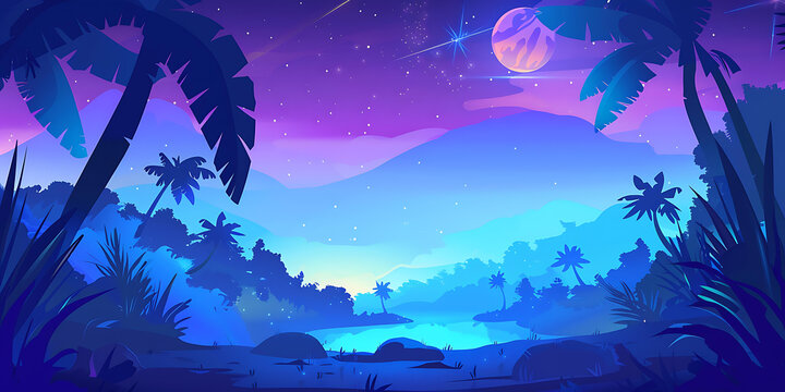 夜晚星空下的棕櫚樹和山脈剪影