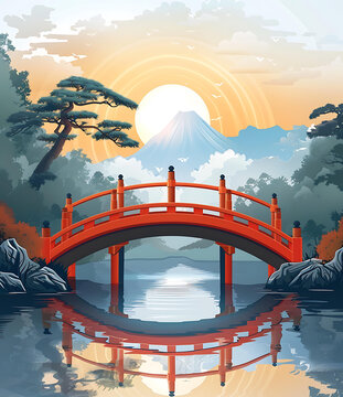 日本富士山風景畫紅橋