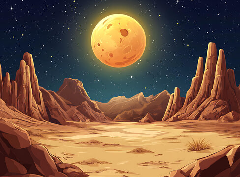 月夜下巖石沙漠景觀的全景圖