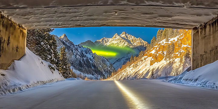 隧道口看雪山