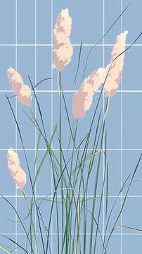 藍(lán)白瓷磚背景上抽象的粉色花草