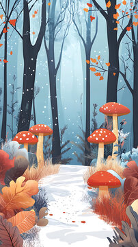 冬日雪景森林小路上的紅色蘑菇