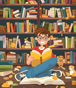 男孩坐在書架旁讀書