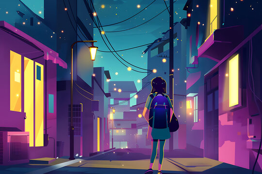 女孩夜間城市街景