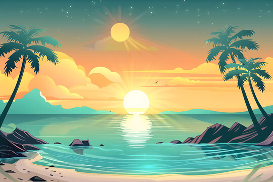 夏日夕陽下的海灘和棕櫚樹