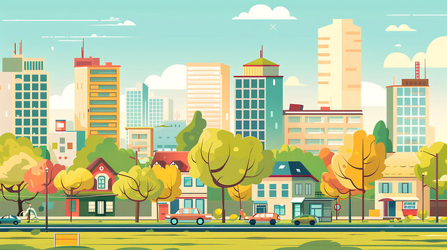 現(xiàn)代城市景觀，建筑、樹(shù)木和汽車(chē)