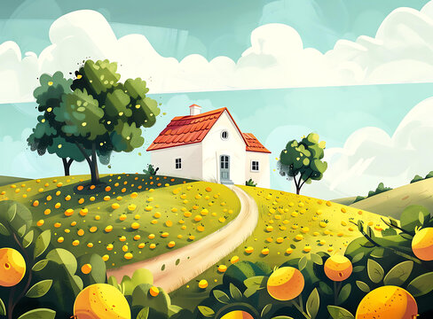 橙樹林中的美麗小屋