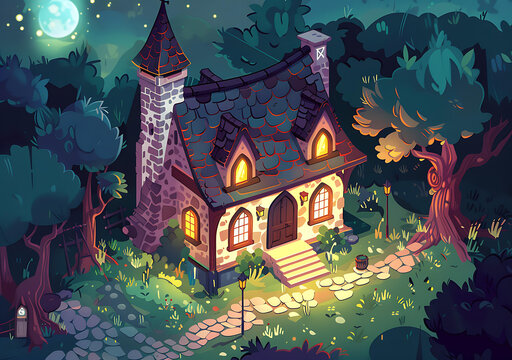 夜晚森林里的石頭小屋