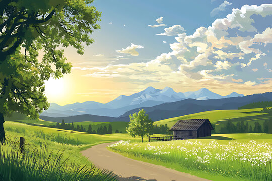 山間木屋田園風(fēng)景