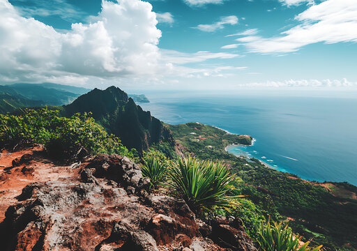 山頂俯瞰綠樹繁茂的美麗海景
