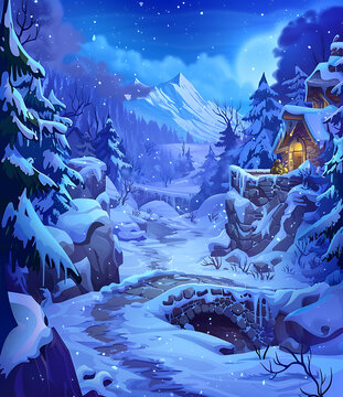 雪夜山間木屋與石橋