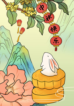 中秋玉兔賞月手繪插畫