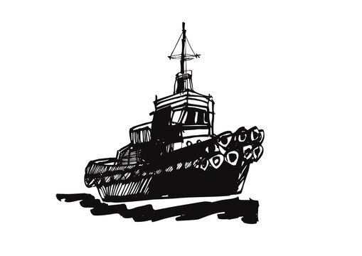 深海漁船手繪線稿插圖