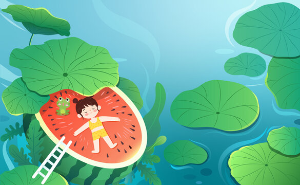 躺在西瓜上乘涼的小女孩橫版插畫