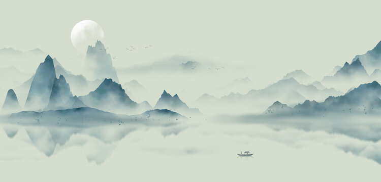 水墨月亮山水