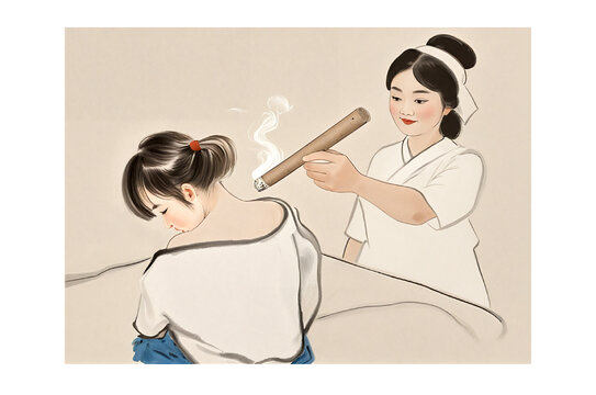 原創(chuàng)中醫(yī)艾灸手繪水墨畫