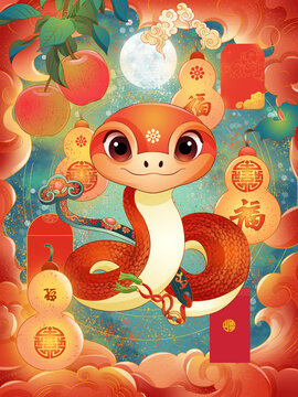 蛇年春節(jié)生肖如意祝福插畫