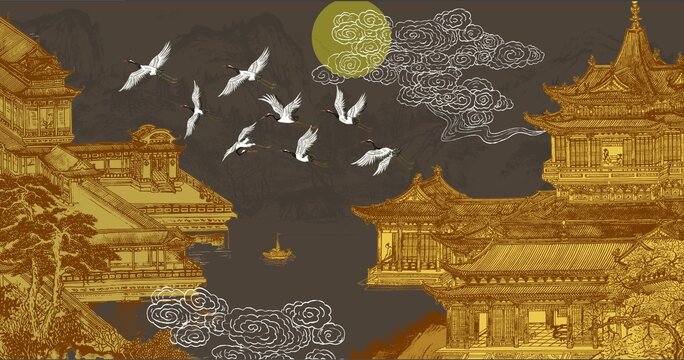 新中式山水樓閣背景