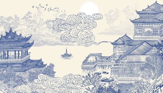 中式青花樓閣背景壁畫