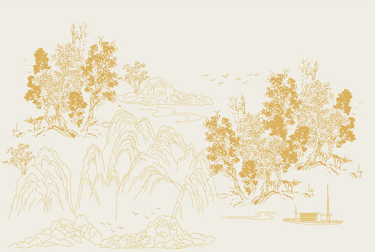 線描山水矢量雕刻背景墻