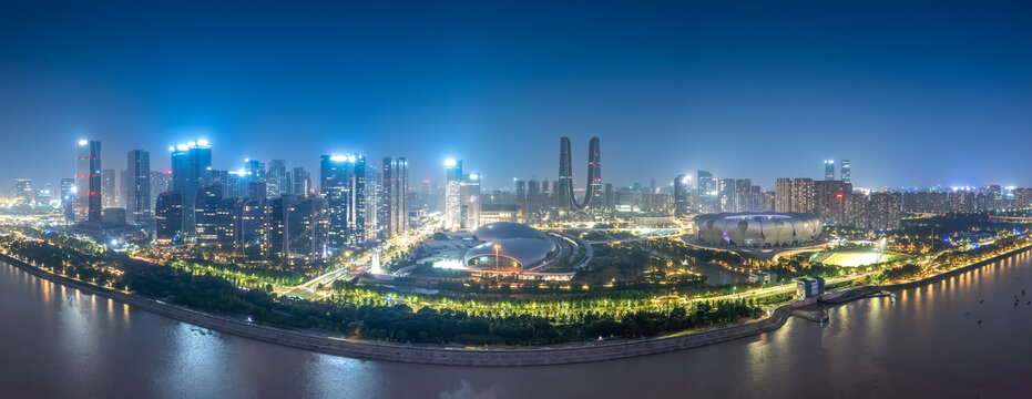 航拍杭州錢江南岸CBD夜景