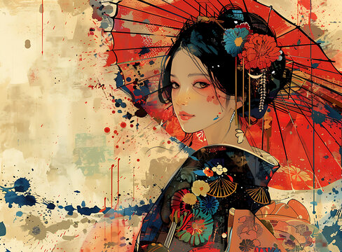 身著和服手持紅傘的女子