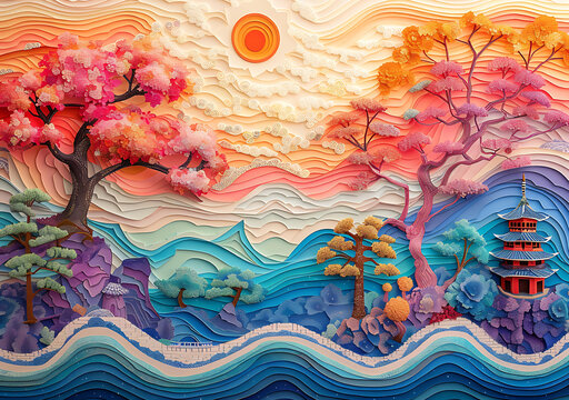 彩色立體紙藝風(fēng)景