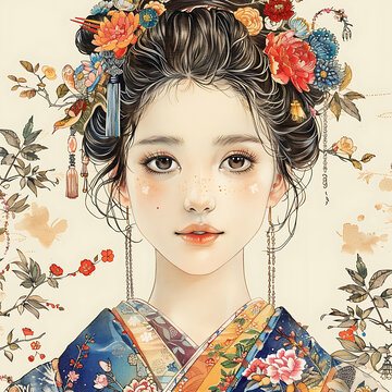 一個身穿藍色和服、頭戴鮮花的年輕女子的數碼繪畫肖像