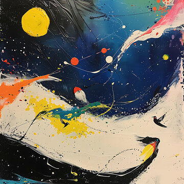五彩繽紛的抽象畫，描繪了一道白色的波浪和四只飛翔的鳥