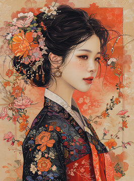 身穿韓國傳統(tǒng)服飾、頭戴鮮花的美麗韓國女子