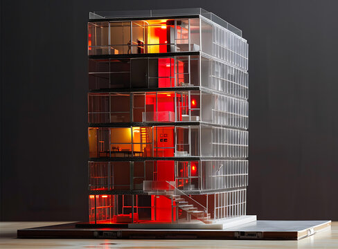 玻璃建筑模型紅光照亮室內(nèi)