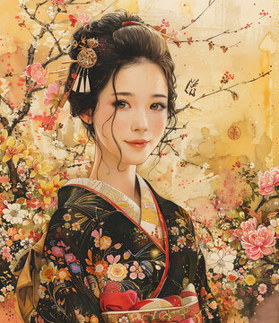 身穿和服的美麗日本女性，頭上插戴有櫻花發(fā)飾