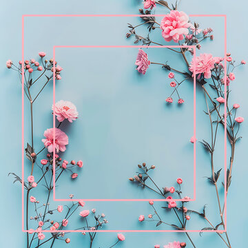 粉色花卉 藍(lán)色背景 花框